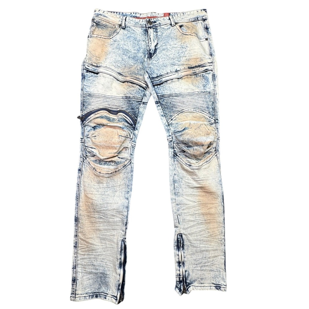 DSTRKT Denim Men 38x34 Blue Biker Fit Acid Wash Distressed Zip Ankle‎ Streetwear